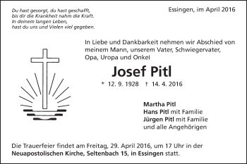 Traueranzeige von Josef Pitl von Schwäbische Post