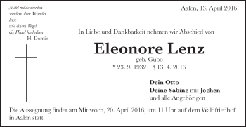 Traueranzeige von Eleonore Lenz von Schwäbische Post
