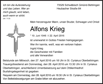 Traueranzeige von Alfons Krieg von Gmünder Tagespost