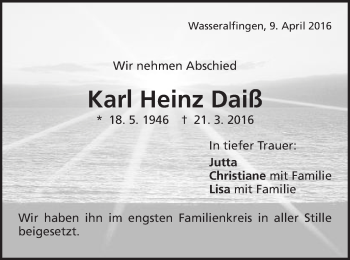 Traueranzeige von Karl Heinz Daiß von Schwäbische Post