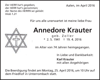 Traueranzeige von Annedore Krauter von Schwäbische Post