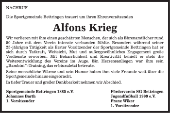 Traueranzeige von Alfons Krieg von Gmünder Tagespost