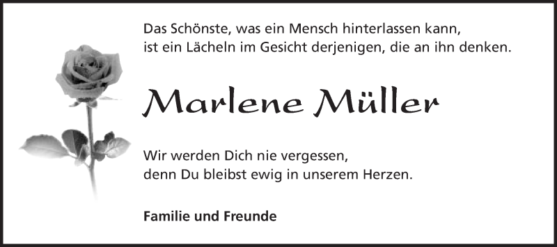  Traueranzeige für Marlene Müller vom 28.04.2016 aus Schwäbische Post