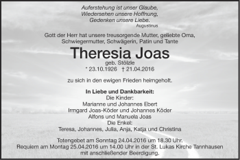 Traueranzeige von Theresia Joas von Schwäbische Post
