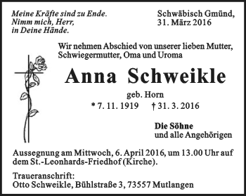 Traueranzeige von Anna Schweikle von Gmünder Tagespost