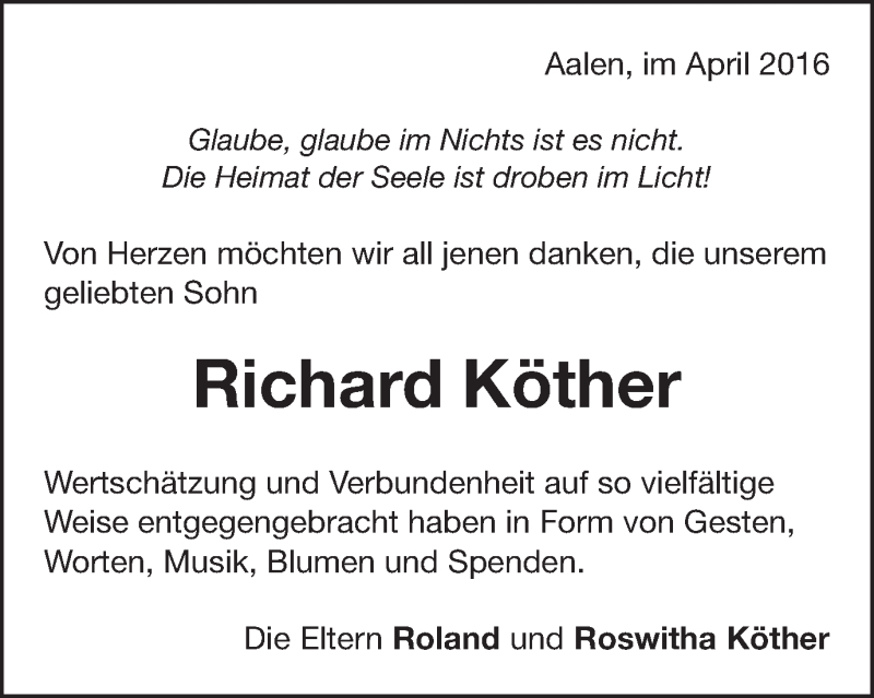  Traueranzeige für Richard Köther vom 23.04.2016 aus Schwäbische Post