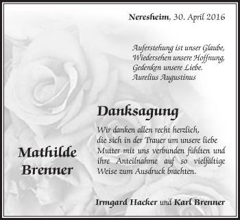 Traueranzeige von Mathilde Brenner von Schwäbische Post