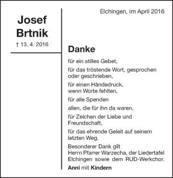 Traueranzeige von Josef Brtnik von Schwäbische Post