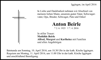 Traueranzeige von Anton Beirle von Gmünder Tagespost