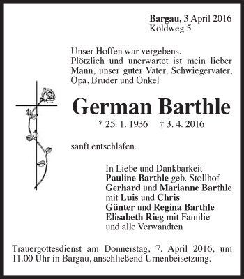 Traueranzeige von German Barthle von Gmünder Tagespost