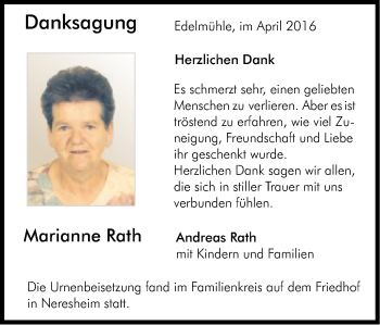 Traueranzeige von Marianne Helene Rath von Schwäbische Post