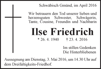 Traueranzeige von Ilse Friedrich von Gmünder Tagespost