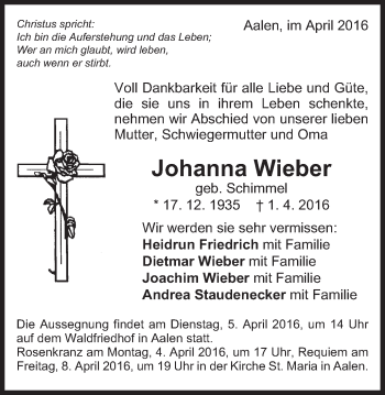 Traueranzeige von Johanna Wieber von Schwäbische Post