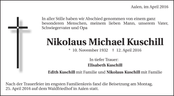Traueranzeige von Nikolaus Michael Kuschill von Schwäbische Post