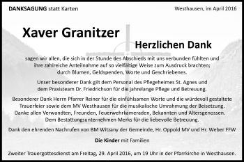 Traueranzeige von Xaver Granitzer von Schwäbische Post