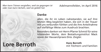 Traueranzeige von Lore Berroth von Schwäbische Post