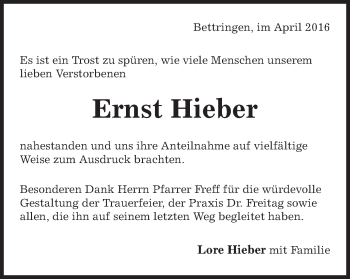 Traueranzeige von Ernst Hieber von Gmünder Tagespost