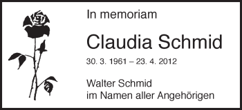 Traueranzeige von Claudia Schmid von Schwäbische Post