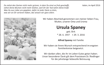 Traueranzeige von Ursula Spaney von Schwäbische Post