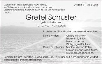 Traueranzeige von Gretel Schuster von Gmünder Tagespost