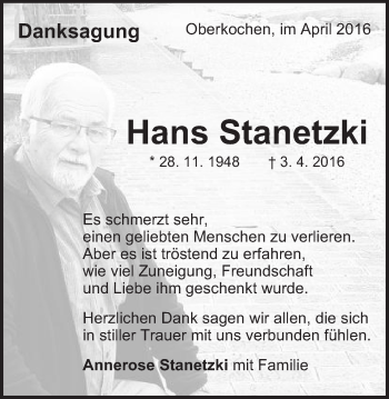 Traueranzeige von Hans Stanetzki von Amtsblatt_Oko