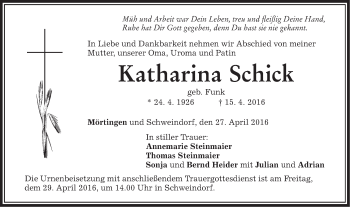 Traueranzeige von Katharina Schick von Schwäbische Post