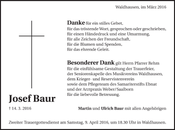 Traueranzeige von Josef Baur von Schwäbische Post