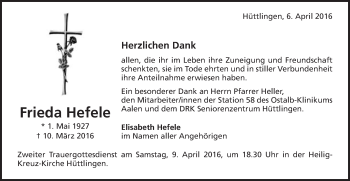 Traueranzeige von Frieda Hefele von Schwäbische Post