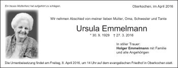Traueranzeige von Ursula Emmelmann von Amtsblatt_Oko