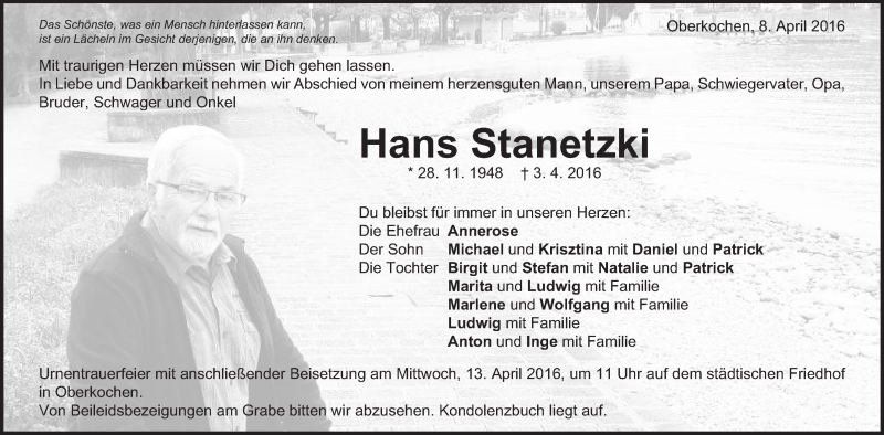  Traueranzeige für Hans Stanetzki vom 08.04.2016 aus Amtsblatt_Oko