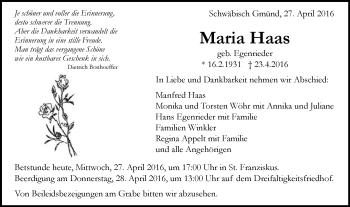 Traueranzeige von Maria Haas von Gmünder Tagespost