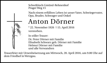 Traueranzeige von Anton Dörner von Gmünder Tagespost