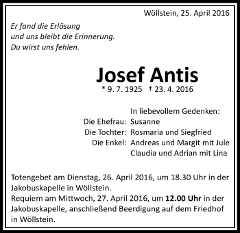 Traueranzeige von Josef Antis von Schwäbische Post