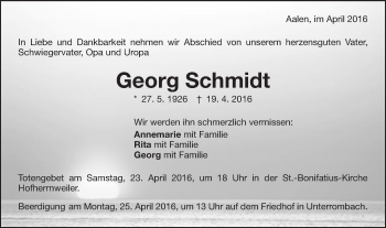 Traueranzeige von Georg Schmidt von Schwäbische Post