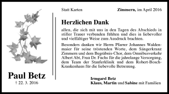 Traueranzeige von Paul Betz von Gmünder Tagespost