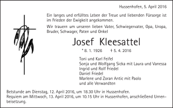 Traueranzeige von Josef Kleesattel von Gmünder Tagespost