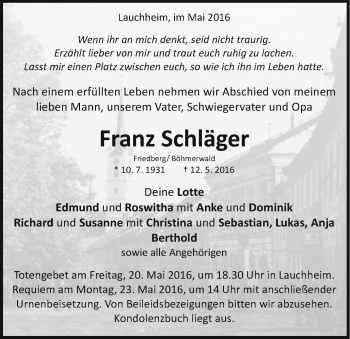 Traueranzeige von Franz Schläger von Schwäbische Post