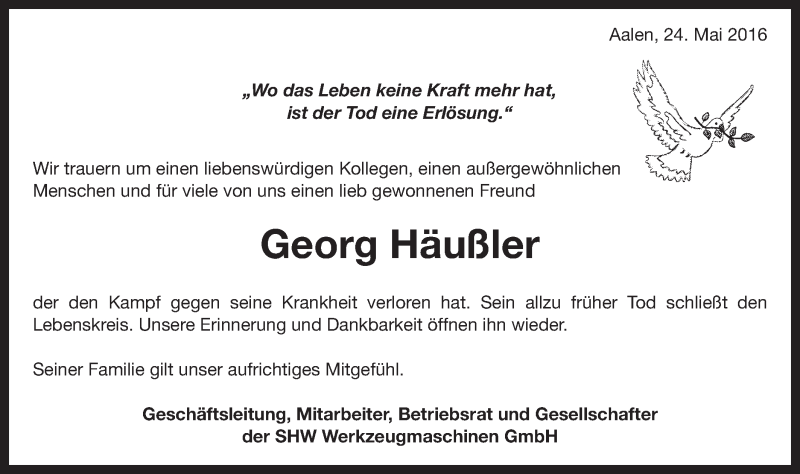  Traueranzeige für Georg Häußler vom 24.05.2016 aus Schwäbische Post