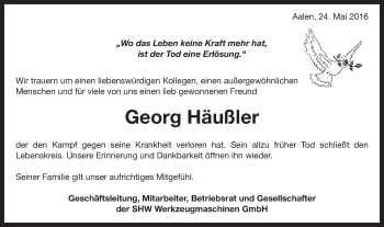 Traueranzeige von Georg Häußler von Schwäbische Post