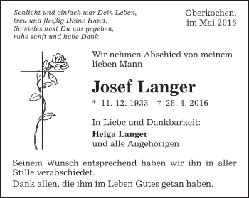 Traueranzeige von Josef Langer von Amtsblatt_Oko