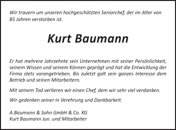 Traueranzeige von Kurt Baumann von Gmünder Tagespost