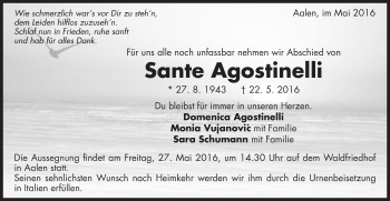 Traueranzeige von Sante Agostinelli von Schwäbische Post