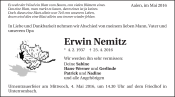 Traueranzeige von Erwin Nemitz von Schwäbische Post