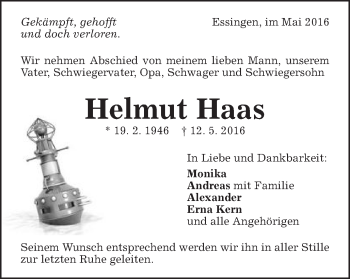 Traueranzeige von Helmut Haas von Schwäbische Post