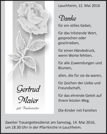 Traueranzeige von Gertrud Maier von Schwäbische Post