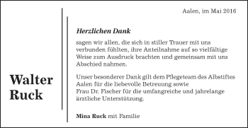 Traueranzeige von Walter Ruck von Schwäbische Post