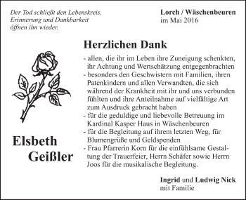 Traueranzeige von Elsbeth Geißler von Gmünder Tagespost
