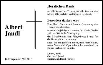 Traueranzeige von Albert Jandl von Gmünder Tagespost