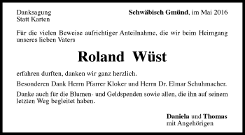 Traueranzeige von Roland Wüst von Gmünder Tagespost