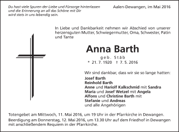 Traueranzeige von Anna Barth von Schwäbische Post